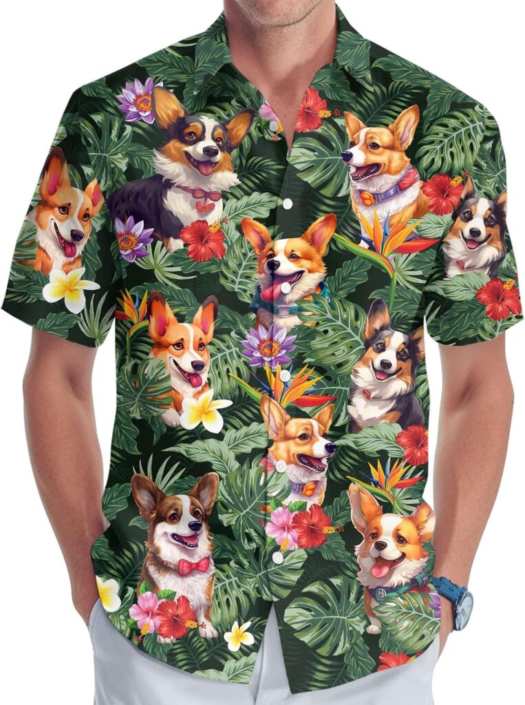 Dog Mens Button Shirt, Summer Tropical Dog Hawaiian Shirt for Men, Dog Vacation Short Sleeve Casual Shirt Men