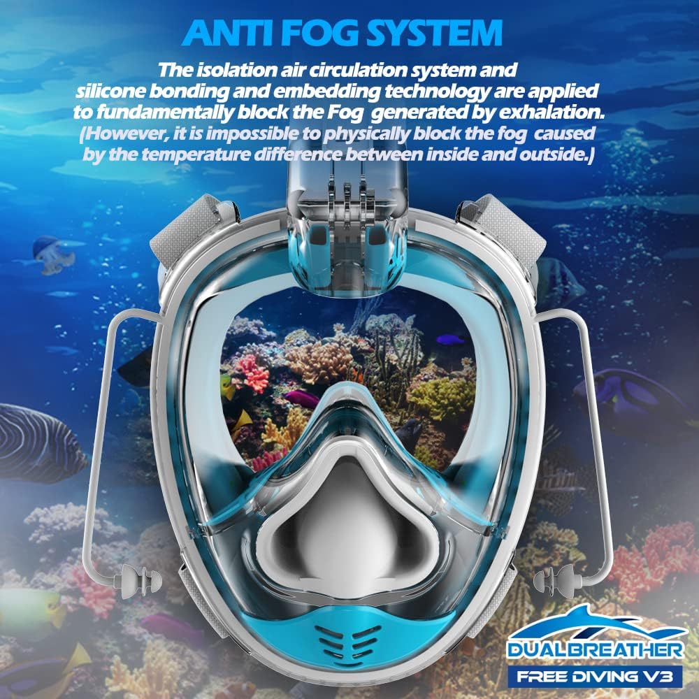DUALBEATHER Free Diving V3, Full Face Snorkel Mask CO2 Tech Air Fitting Tech, Equalizer Drain Function 180° Panoramic View Action Camera Mount Anti-Fog Anti-Leak Dry Top Set