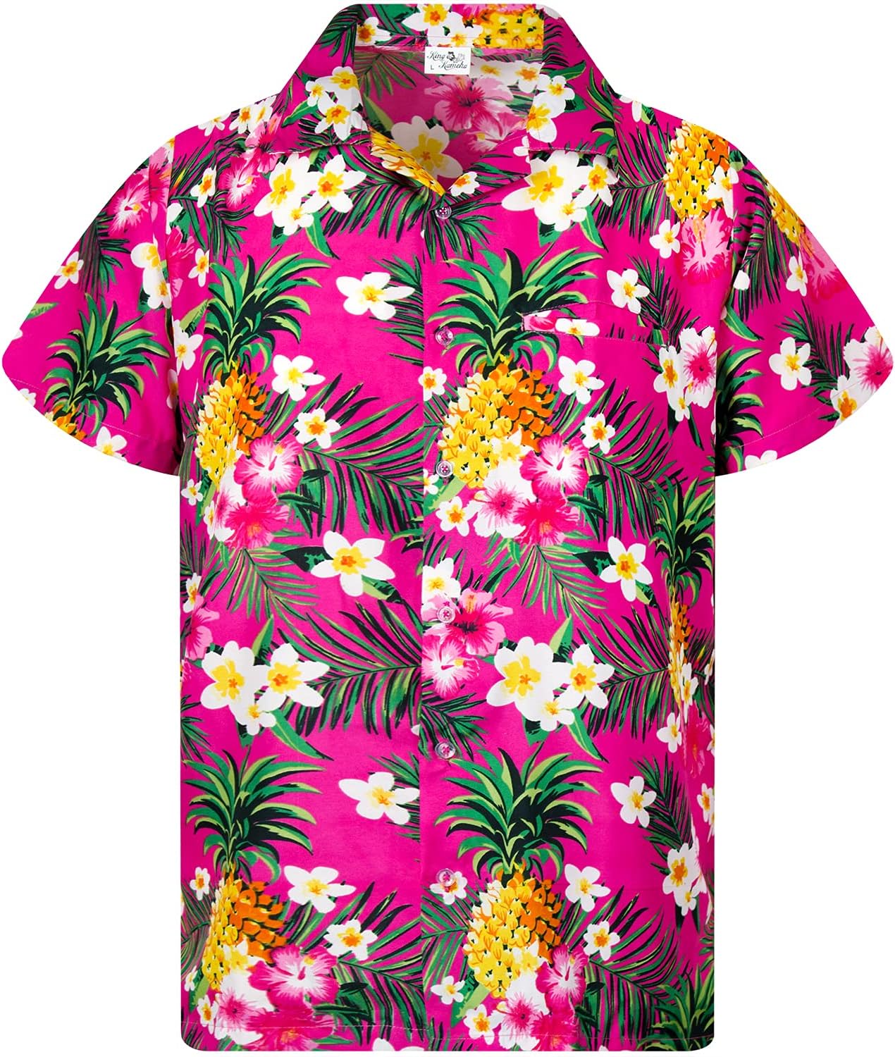 KING KAMEHA Funky Casual Hawaiian Shirt for Men Front Pocket Button Down Very Loud Shortsleeve Unisex Pineapple Flowers Print