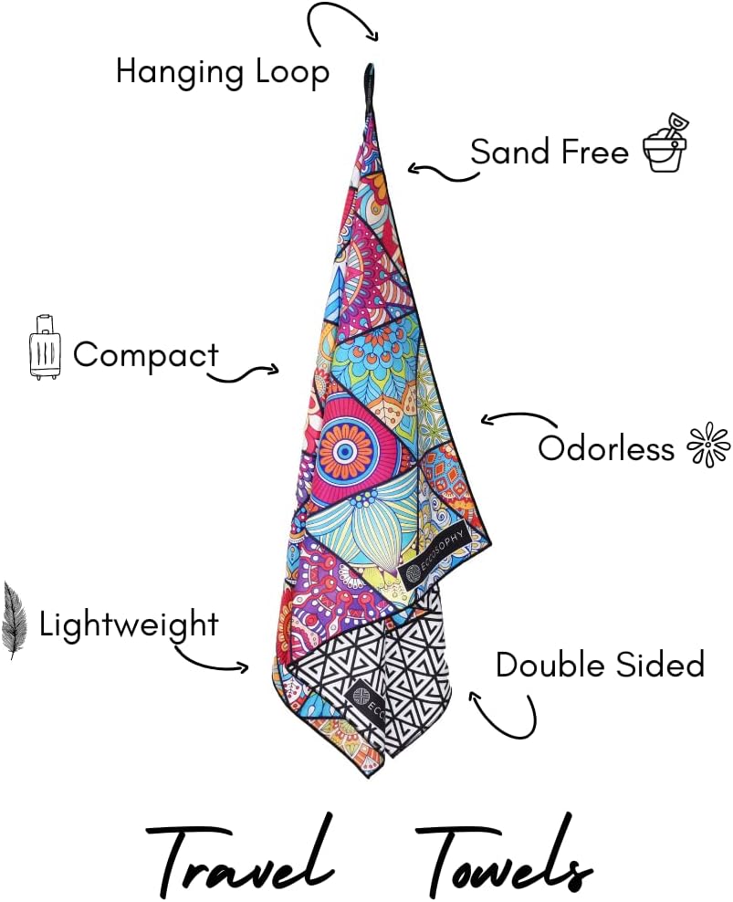 Microfiber Beach Towel Quick Dry - Beautifully Designed Pool Towels 71x37 inches Oversized Travel Towel - Lightweight Compact Beach Accessories for Women - Large Sand Free Micro Fiber Beach Towels