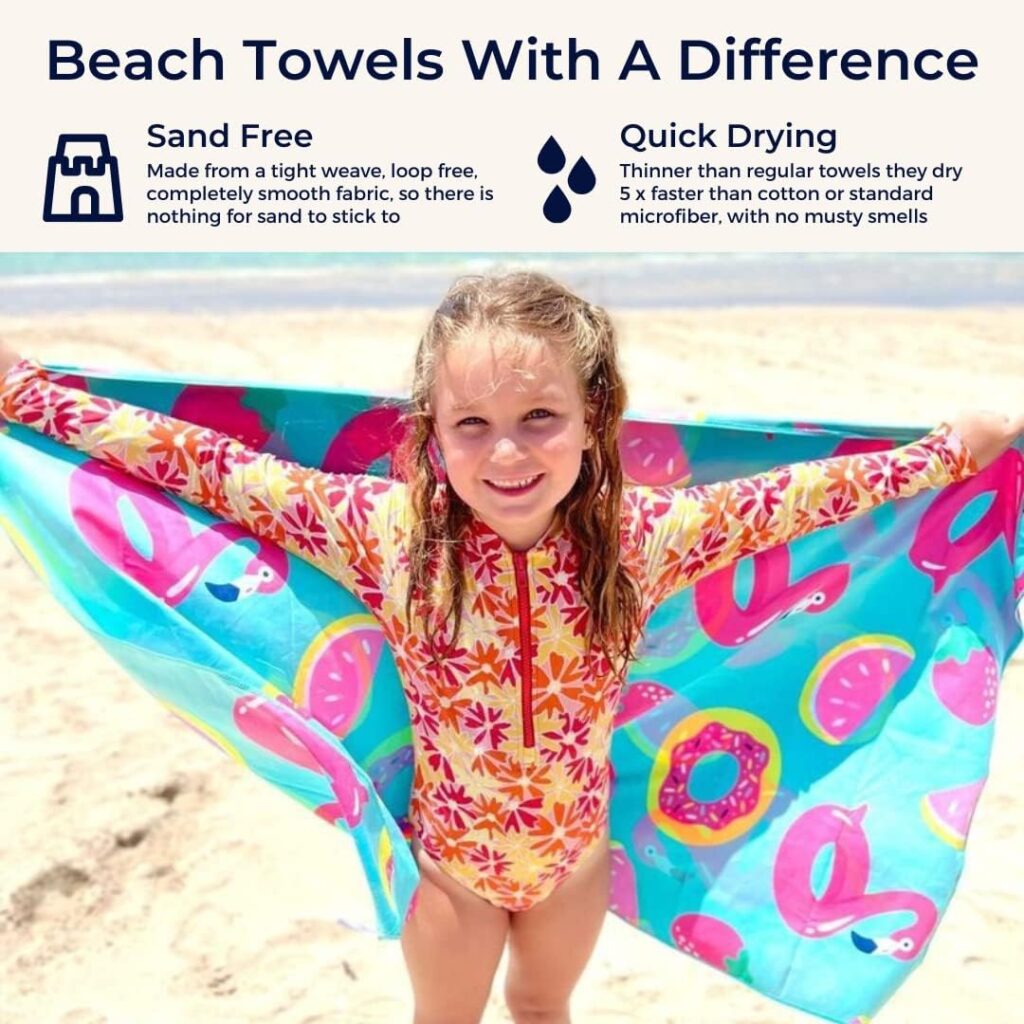 NewLyfe Kids Sand Free Beach Towel - 120x70cm Quick Dry, Absorbent, Ultra Compact and Lightweight (175grams) Microfiber for Travel, Caravan, Camping, Pool, Swim, School and Sports (Flamingo)