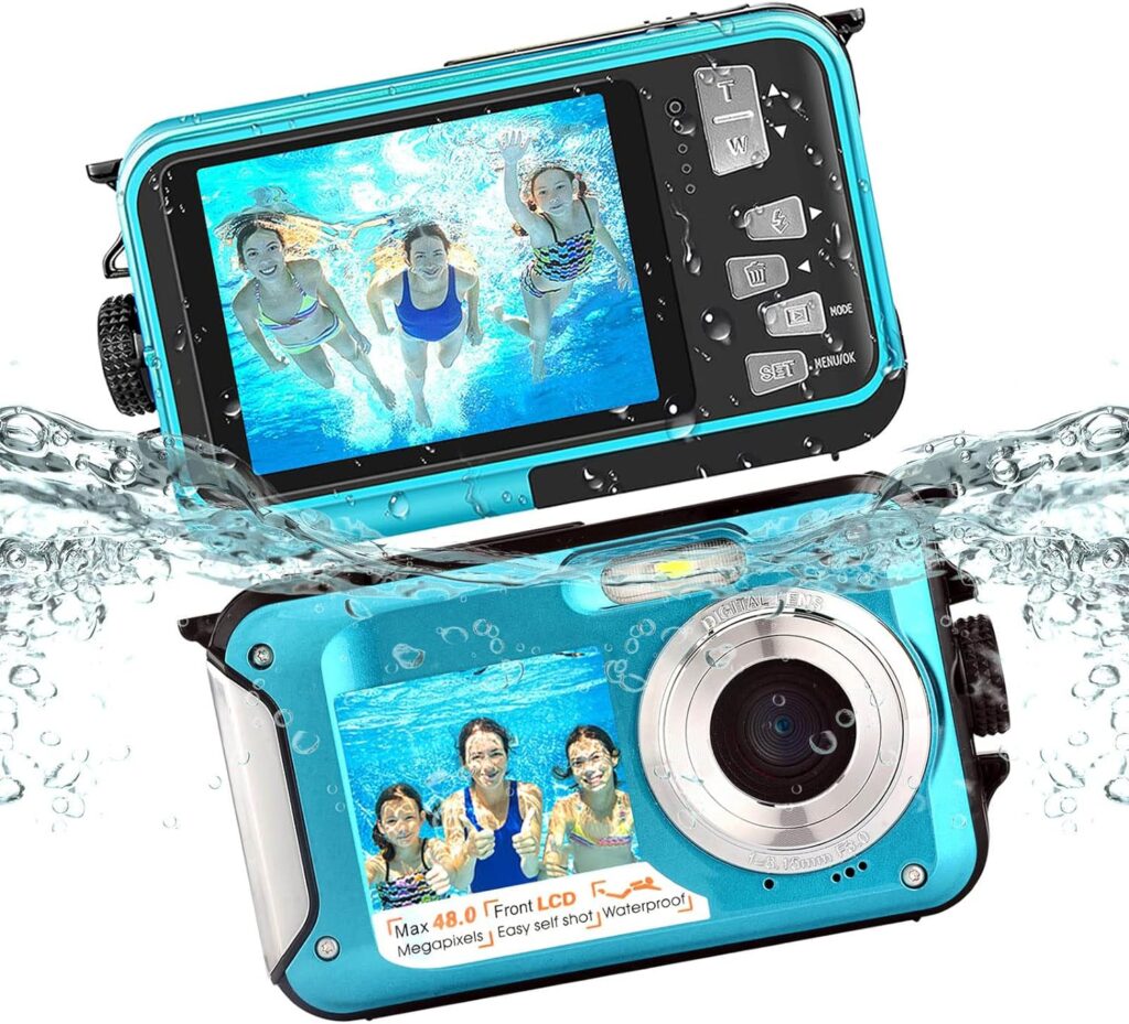 POSSRAB 13FT Underwater Camera, 48MP Photo 2.7K Video Waterproof Camera, Dual Display EIS Digital Underwater Camera for Snorkeling, Surfing, Swimming - Blue