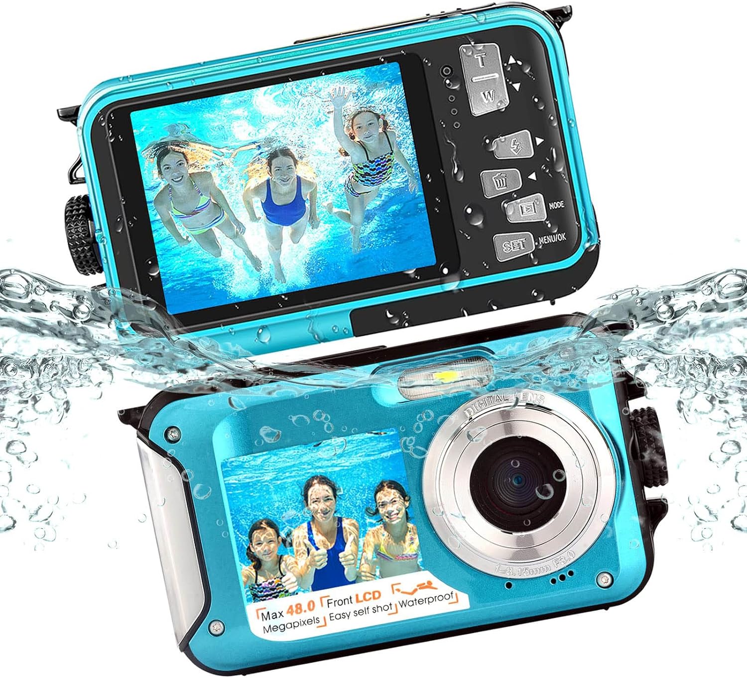 POSSRAB 13FT Underwater Camera, 48MP Photo 2.7K Video Waterproof Camera, Dual Display EIS Digital Underwater Camera for Snorkeling, Surfing, Swimming – Blue