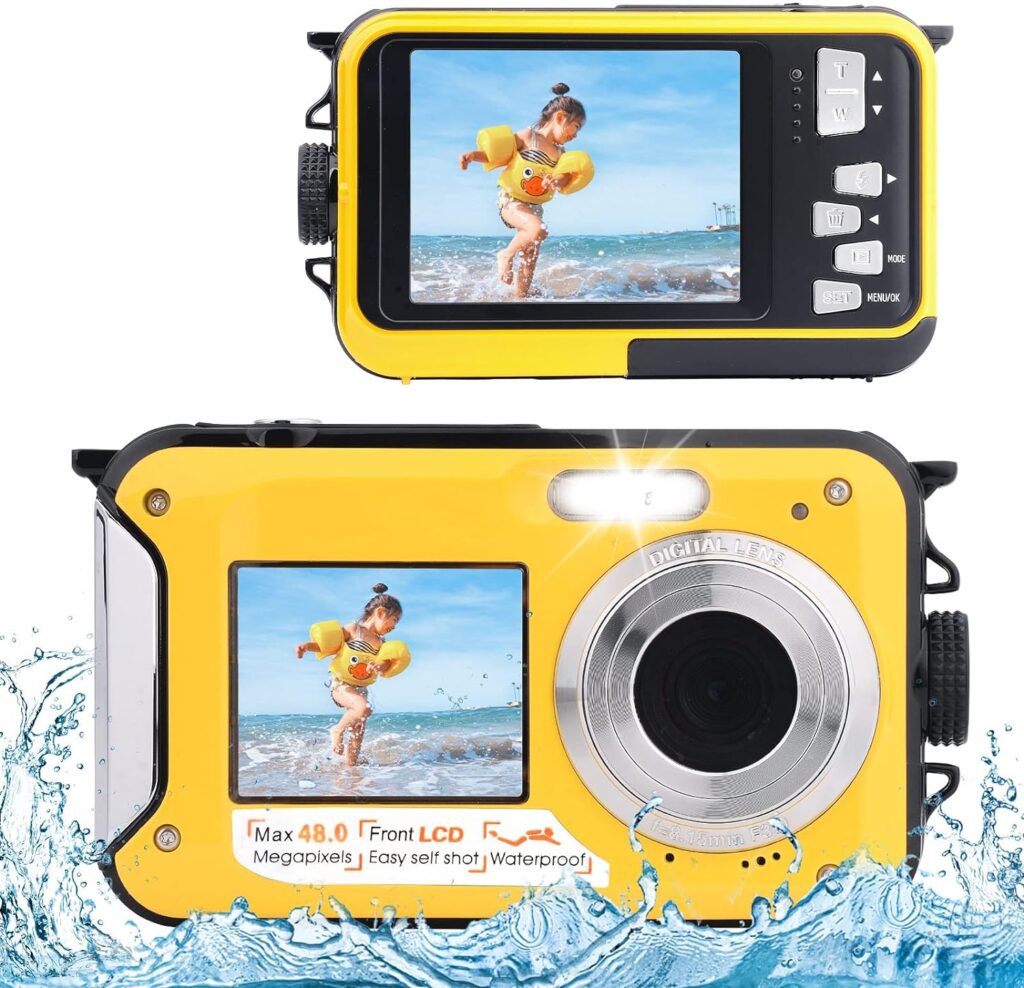 Waterproof Camera Dual Screens Selfie 48MP 2.7K Waterproof Digital Camera Portable Underwater Camera for Snorkeling for Kids, Teens, Beginner- Yellow